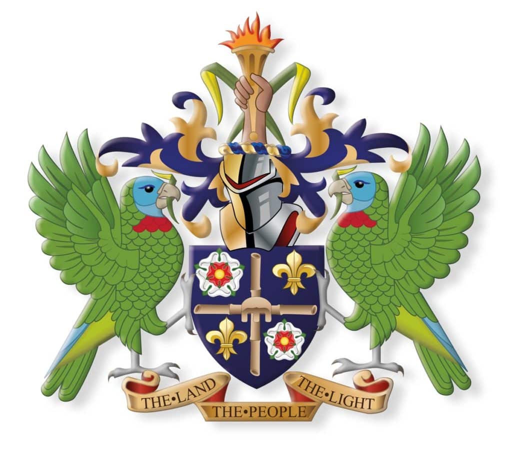 Das Wappen von St. Lucia: Bernd O. Ludwig hat eine Flagge davon in seinem Büro in Bad Homburg