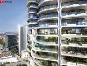Die Fassade des Tower 2 besteht aus gläsernen Waben