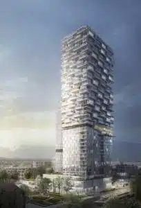 Unten Hotel, oben-Wohnhochhaus - So soll der 140-Meter hohe Turm auf dem Frankfurter AfE-Areal in Bockenheim aussehen