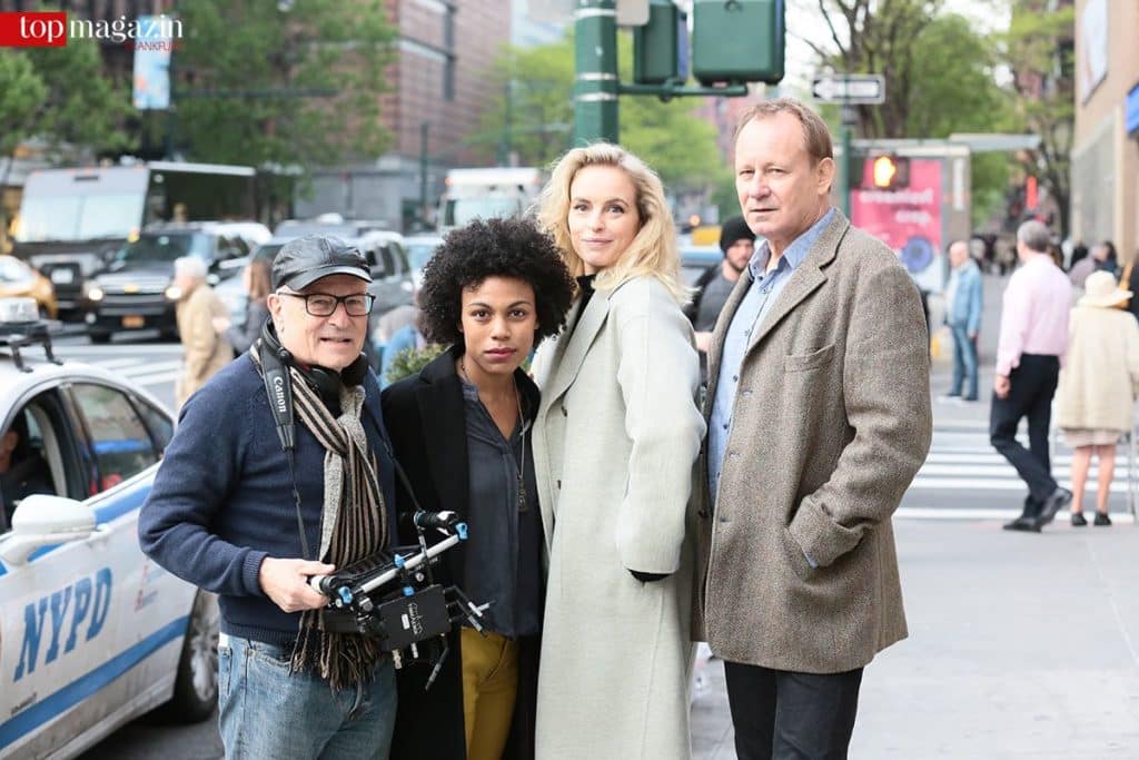 Volker Schlöndorff, Isioma Laborde Edozien, Nina Hoss und Stellan Skarskard bei den Dreharbeiten zu 'Rückkehr nach Montauk'