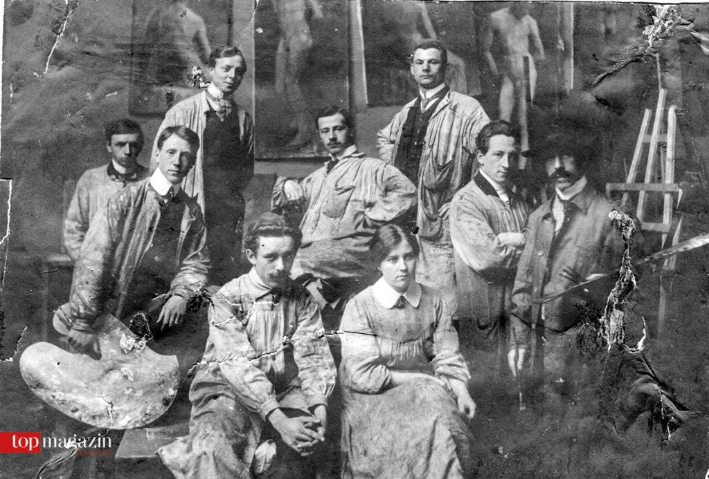 Städelschüler im Jahre 1907. Wilhelm Runzes (2. v.l.). Porträts von Ludwig Landmann und Walter Kolb hängen heute im Römer.