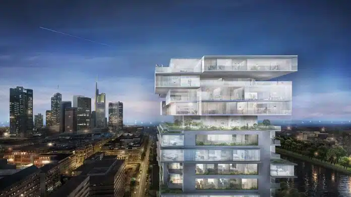 Der Riverpark Tower von Ole Scheeren vor der Frankfurter Skyline