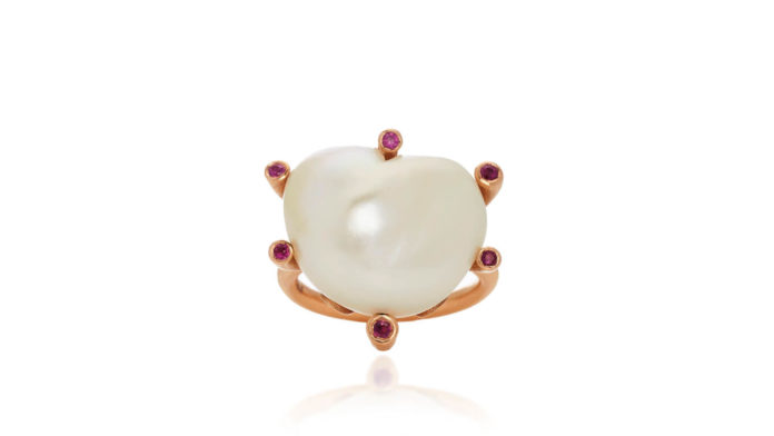 Heart Shaped Pearl Ring With Rubies by Christina Alexiou