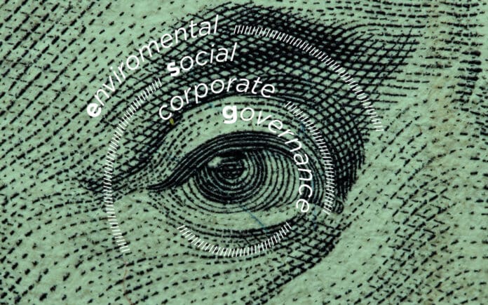 Enviromental, social, corporate und governance umkreist das Auge