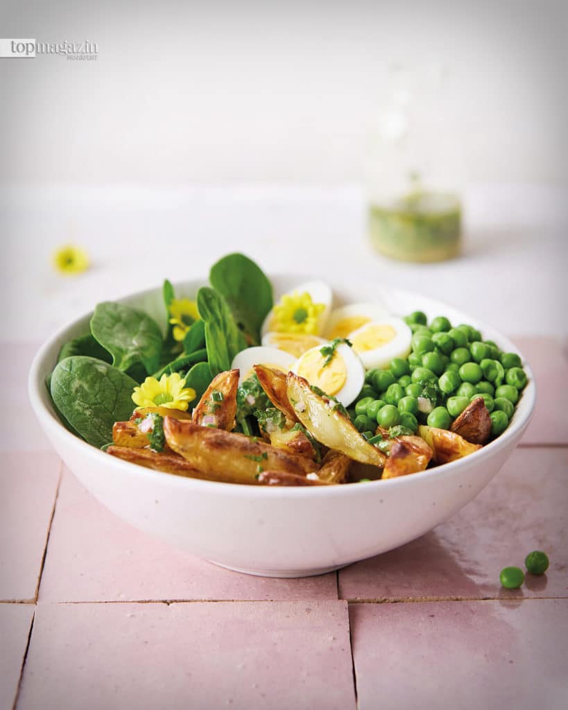 Drillinge, Spinat, Wachtelei