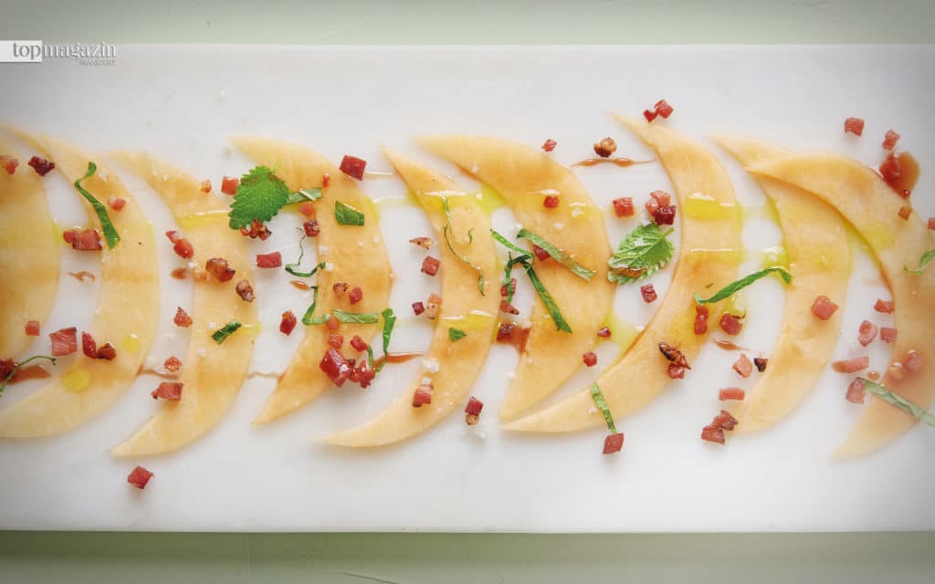 Melone, Schinkenkrusteln, Portwein