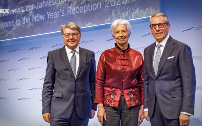 Deutsche-Börse-CEO Theodor Weimer, EZB-Chefin Christine Lagarde und Deutsche-Börse-Aufsichtsratsvorsitzender Martin Jetter