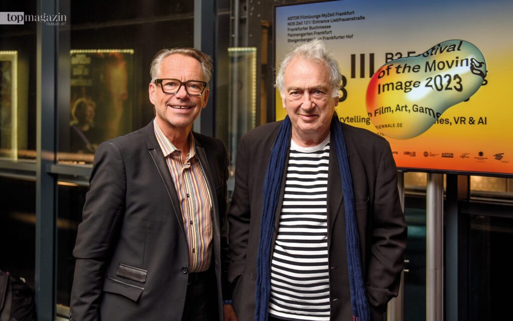 Sir Stephen Frears mit Prof. Bernd Kracke, dem HfG-Präsidenten und künstlerischen Leiter des B3 Festivals