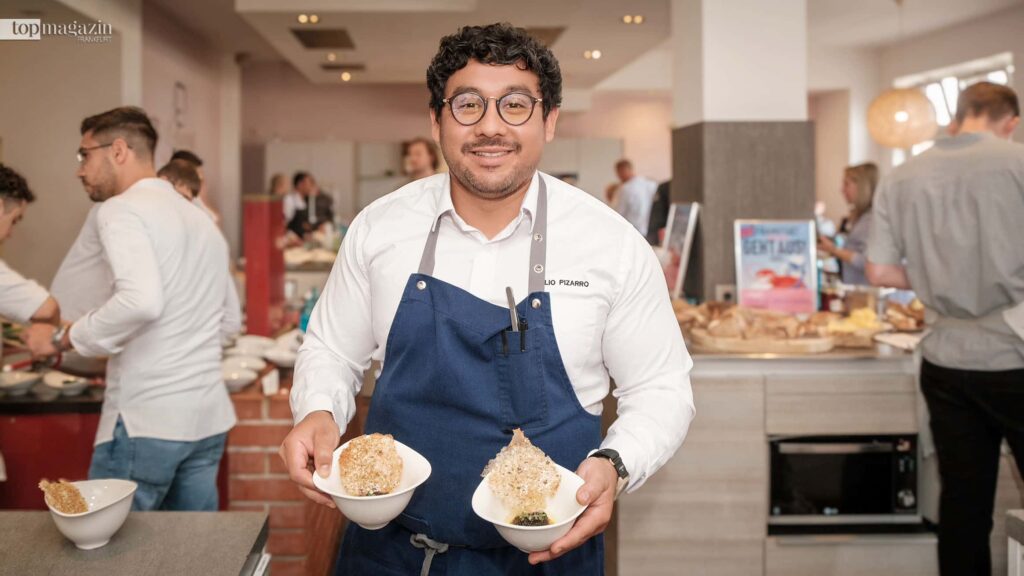 Der Peruaner Julio Pizarro bringt als erster in 36 Jahren „Frankfurt geht aus“ südamerikanische Küche in Vollendung auf den Tisch, hier mit seiner Kreation Tuna Toro Charcoal, Kaviar-Huancaina und Leche de Tigre
