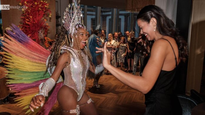 Das brasilianische Model Bruna Rodrigues tanzt auf der Top Lounge mit der Sambagruppe (Foto: Top Magazin Frankfurt)