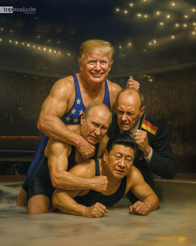 Von uns KI-generiertes Symbolbild zur US-Außenpolitik: Trump hat Putin, Merz und Jingping fest im Griff (Foto: Top Magazin Frankfurt mit ChatGPT)