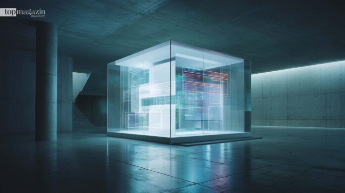 Eine leuchtende 3D-Schnittstelle als Skulptur in einem Glaskubus, die die digitale Souveränität und Marken-Aura einer führenden Marke in Frankfurt symbolisiert.