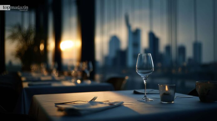 Leerstehender, elegant gedeckter Tisch in einem Frankfurter Restaurant mit Blick auf die Skyline in der Abenddämmerung.