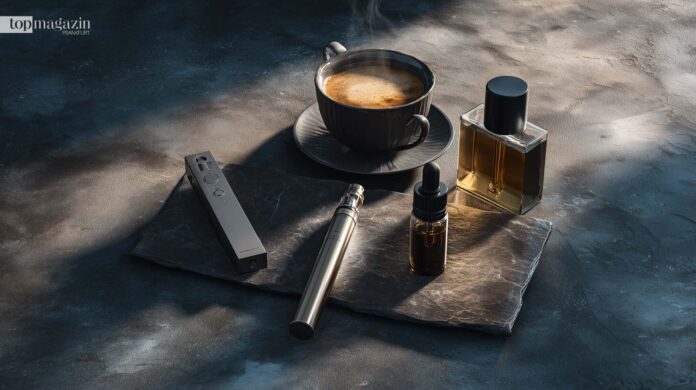 Ein kuratiertes Stillleben auf dunklem Schiefer: eine schwarze Tasse Kaffee mit Crema neben einem eleganten Vape, einem Flakon Parfum und einem kleinen Fläschchen Aroma-Öl, dramatisch von der Seite beleuchtet.