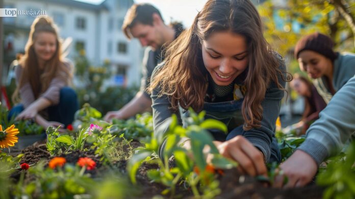 Junge Frau lächelt glücklich, während sie in einem städtischen Hochbeet in Frankfurt gärtnert und die Stadt mitgestaltet.