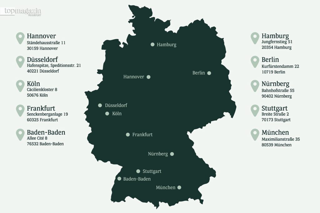 Deutschlandkarte mit den Standorten von BNP Paribas Wealth Management in Hamburg, Berlin, Düsseldorf, Köln, Frankfurt, Nürnberg, Stuttgart, Baden-Baden, Hannover und München.
