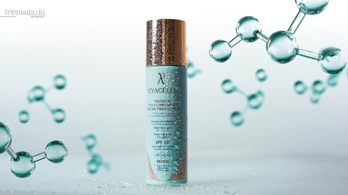 Ein Flakon des Clinuvel PhotoCosmetics Produkts Cyacelle steht vor einer stilisierten Molekül-Struktur, die die wissenschaftliche Innovation für Bräune ohne Sonne symbolisiert.