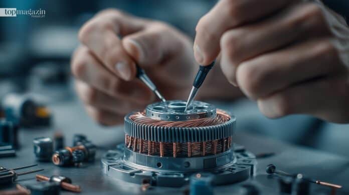 Nahaufnahme der Hände eines Technikers bei der präzisen Reparatur an den Kupferwicklungen eines geöffneten E-Bike Motors in einer Werkstatt.
