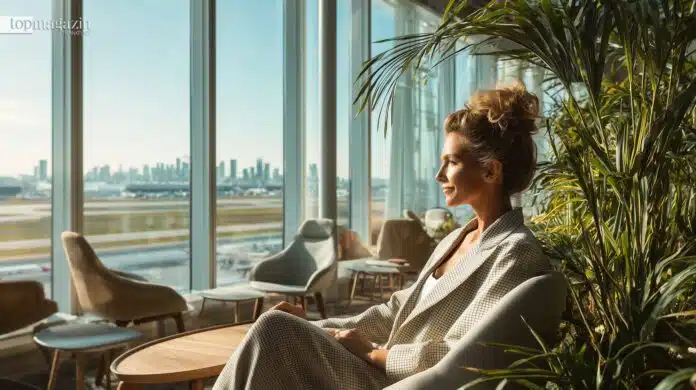 Eine stilvolle Frau entspannt in einer sonnendurchfluteten Flughafen-Lounge in Frankfurt, das laut einer Studie als der beste Stopover-Standort der Welt gilt.