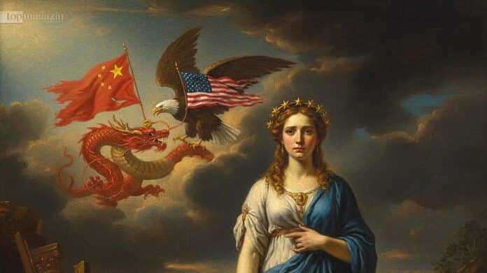 Allegorisches Gemälde zum Handelskrieg USA China: Ein amerikanischer Adler und ein chinesischer Drache kämpfen, während Europa als Frauengestalt zusieht.