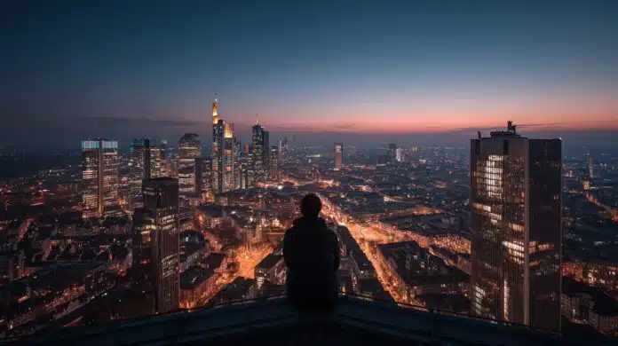 Urbaner Thrill in Frankfurt: Eine Person blickt von einem Hochhausdach auf die leuchtende Skyline der Stadt in der Dämmerung.