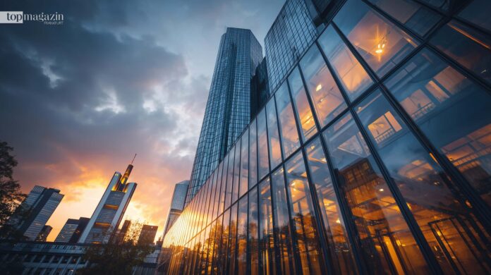 Die moderne Frankfurter Skyline mit Main Tower und Commerzbank Tower bei Sonnenuntergang, Symbol für Frankfurts Status als eines der besten Reiseziele der Welt.