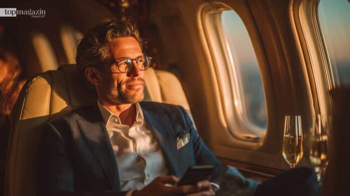 Ein stilvoller Geschäftsmann sitzt entspannt in der Business Class und schaut beim Fliegen über Frankfurt aus dem Fenster.