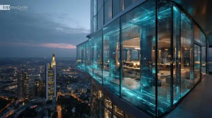 Futuristische Visualisierung von sicherem VPS-Hosting: Ein gläserner High-Tech-Kubus mit leuchtenden Datenströmen schwebt über der abendlichen Frankfurt Skyline mit Commerzbank Tower.