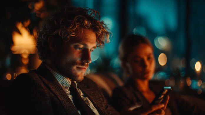 Ein elegant gekleideter Mann blickt konzentriert auf sein Smartphone, während seine Partnerin im Hintergrund unscharf und nachdenklich wirkt.