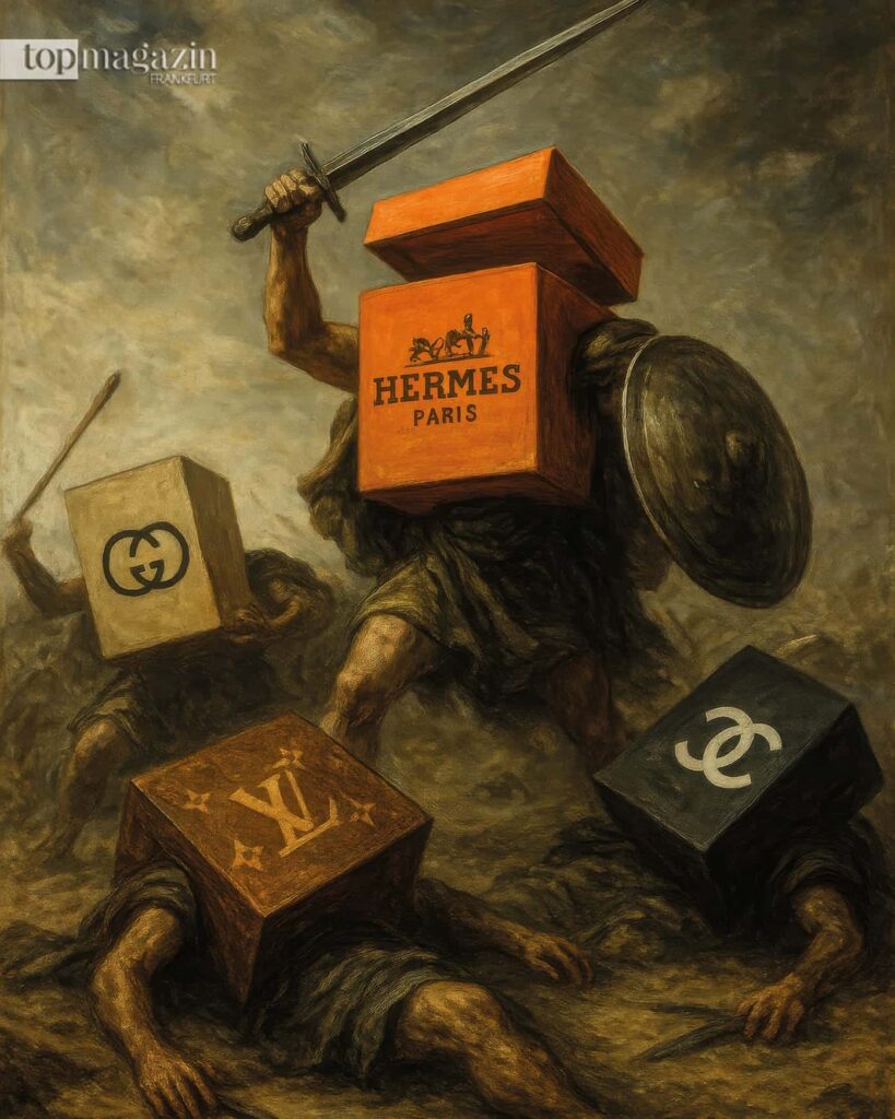 Dramatisches Gemälde: Ein Krieger mit einer orangen Hermès-Box als Kopf triumphiert mit erhobenem Schwert über gefallene Figuren mit Gucci- und Louis-Vuitton-Boxen.