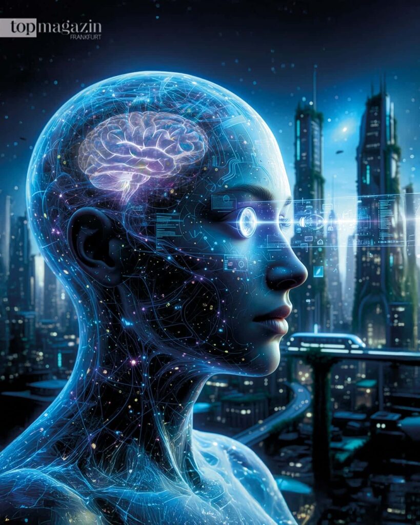 Seitenprofil eines blauen, transparenten Roboterkopfes mit leuchtendem Gehirn vor einer futuristischen Skyline bei Nacht.