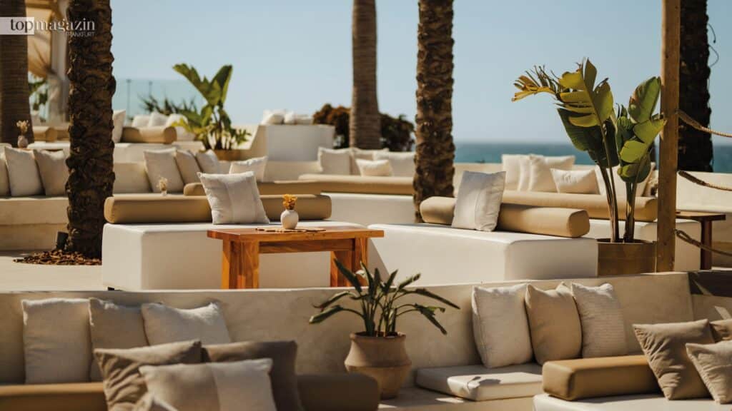 Elegante weiße Lounge-Möbel, Holztische und gemütliche Kissen im Freien unter Palmen im berühmten Nikki Beach Club.