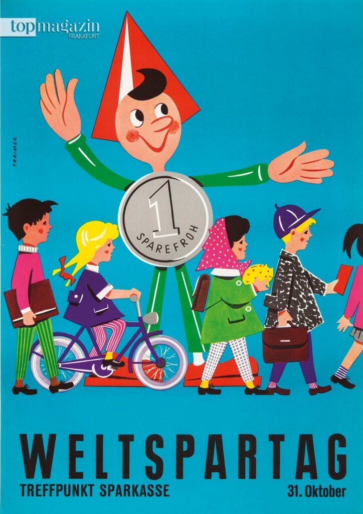Historisches Plakat zum Weltspartag der Sparkasse um 1960 mit der Werbefigur Sparefroh.