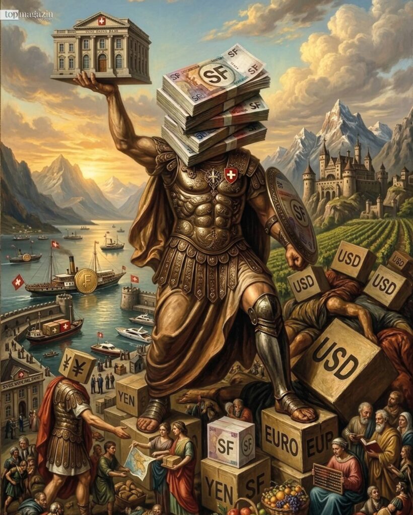 Eine antike, goldene Statue, die den Schweizer Franken symbolisiert, thront über Kisten mit schwächelnden Leitwährungen wie US-Dollar, Euro und Yen.