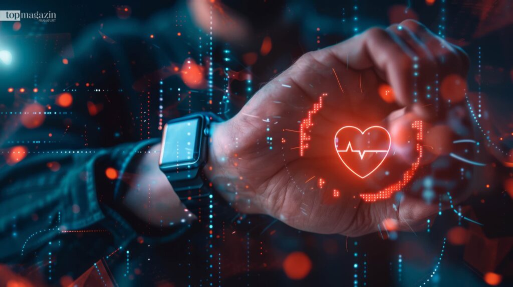 Nahaufnahme eines Handgelenks mit Smartwatch, überlagert von leuchtenden digitalen Gesundheitsdaten und einem Herzsymbol.