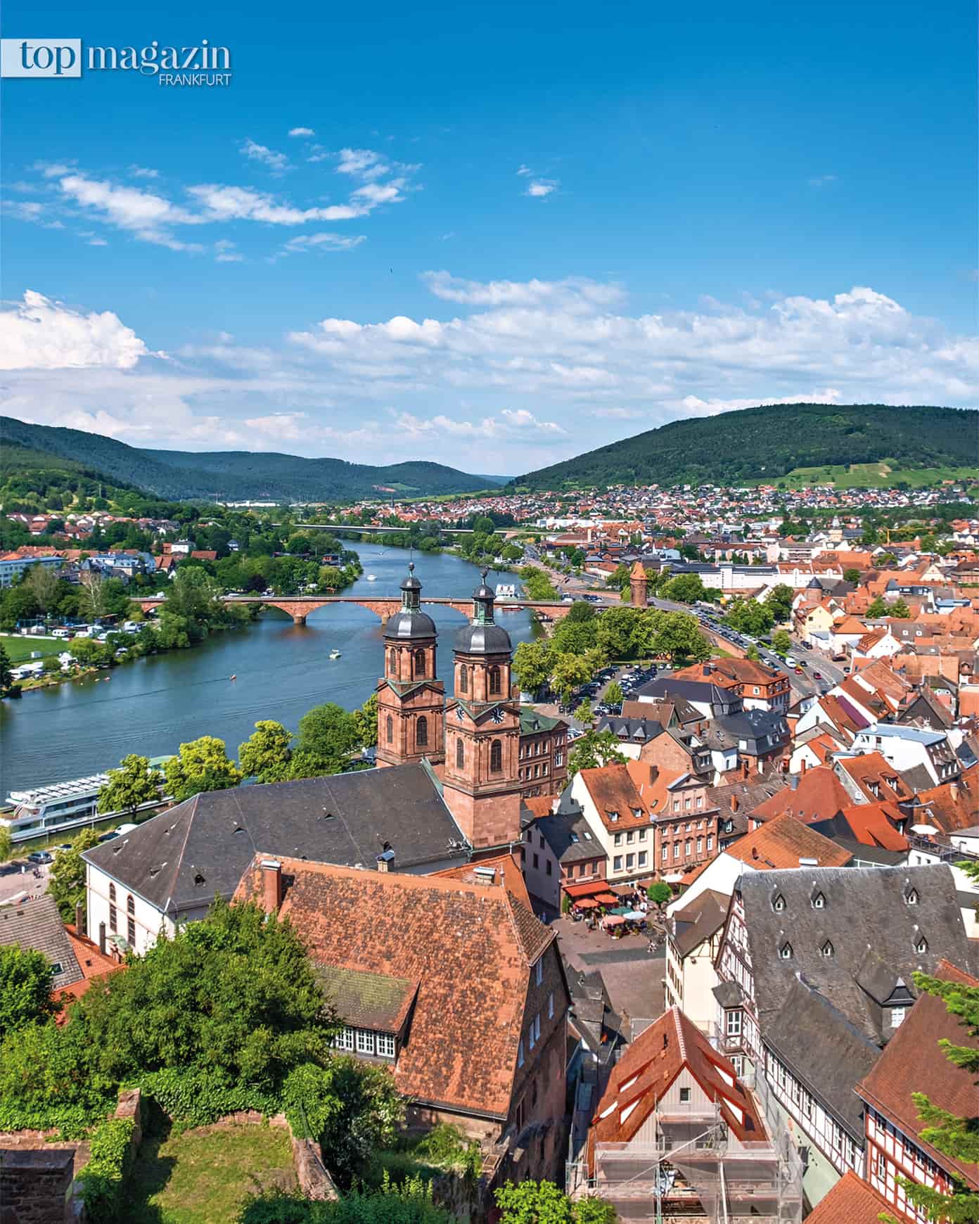 Blick von der Mildenburg auf die roten Dächer der Altstadt von Miltenberg, die Pfarrkirche und den Main